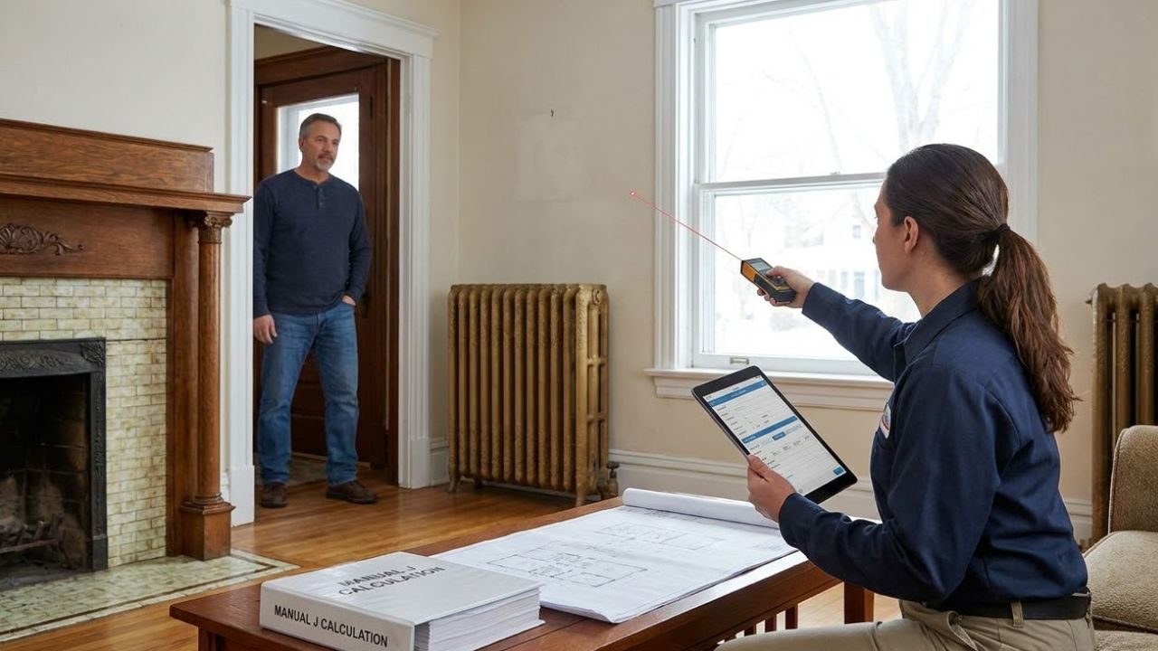 Technician using a laser measuring tool and tablet to perform a Manual J load calculation in a homeowner's living room