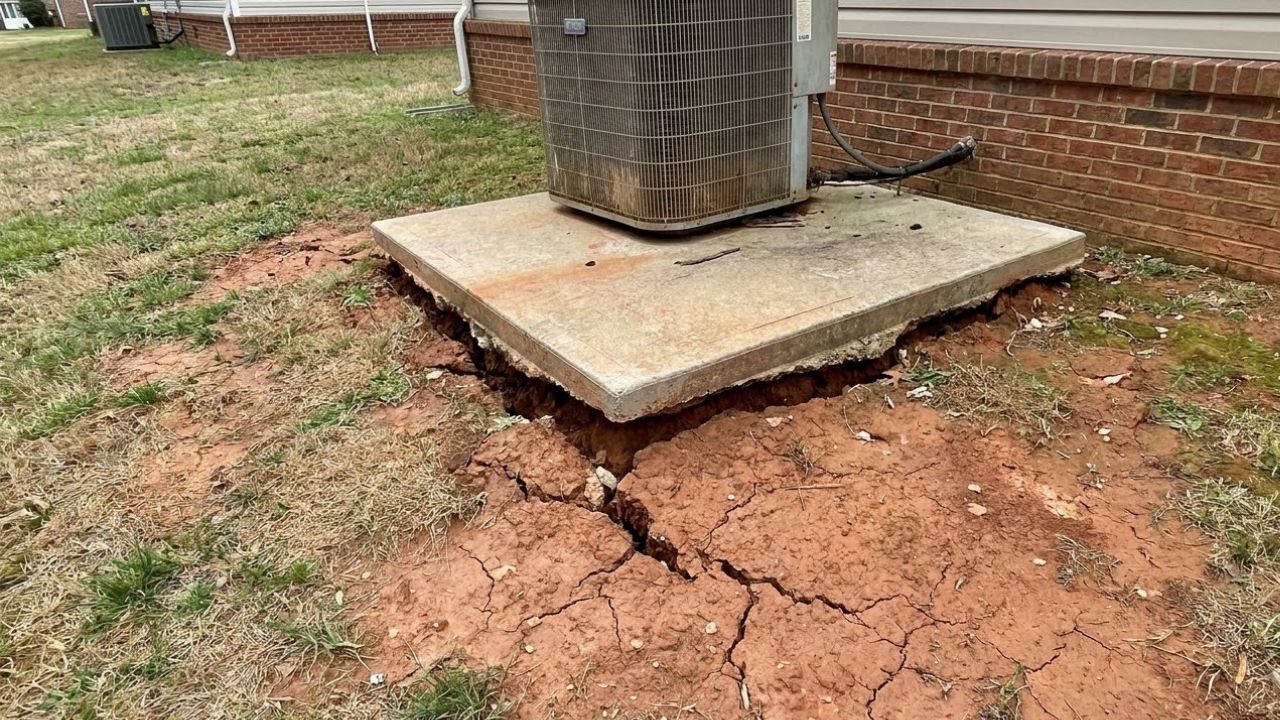 Cracked concrete condenser pad separated from surrounding clay soil next to an outdoor AC unit