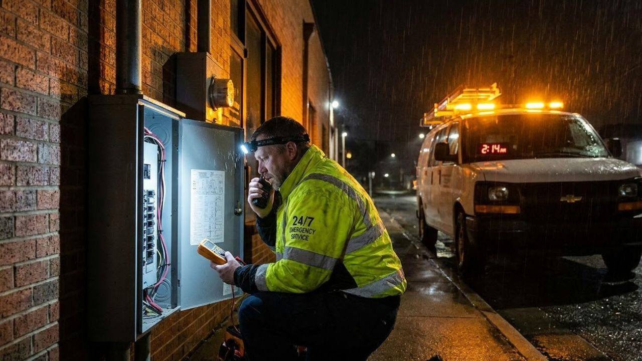 Technician responding to an after-hours emergency call at night, checking an electrical panel beside a service van