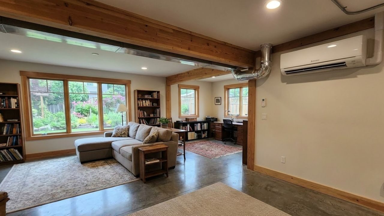 White ductless mini-split indoor head unit mounted high on a wall in a converted living space with exposed wood beams
