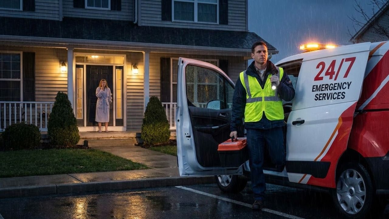 Technician arriving with a toolbox at a home during a rainy night for an emergency HVAC call