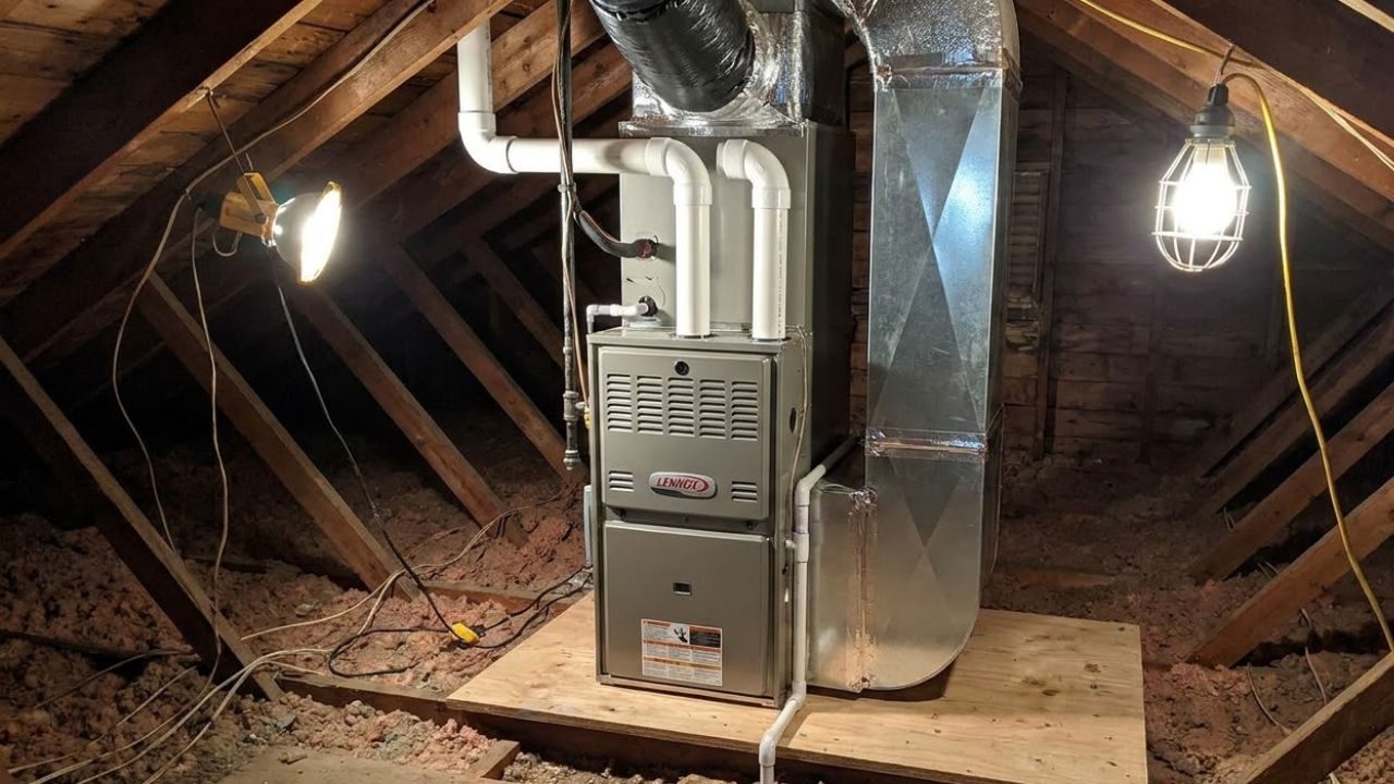 New Lennox furnace installed on a raised platform in an attic, connected to supply ductwork