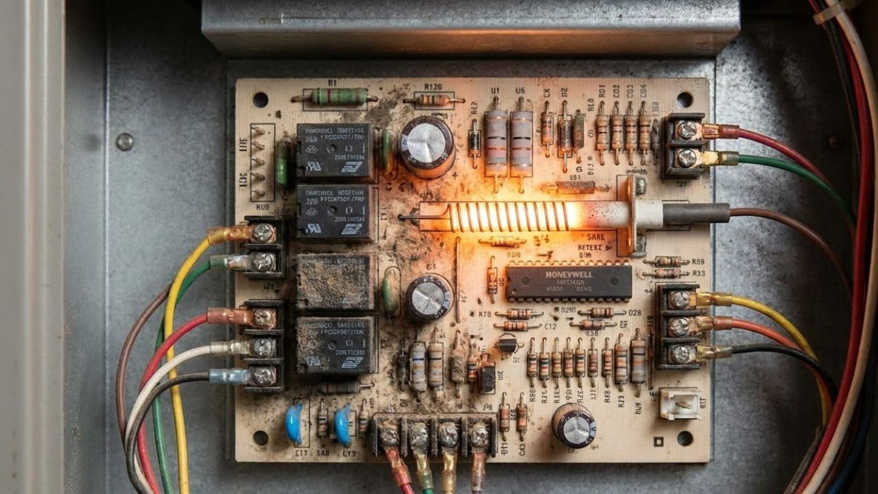 Close-up of a dusty furnace control board with a glowing hot surface igniter