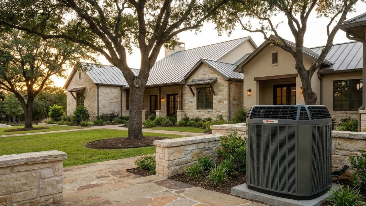 Outdoor heat pump unit installed beside a stone estate-style home with a landscaped front yard