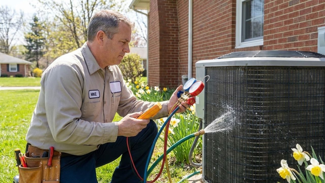 Technician checking refrigerant pressure with gauges on an outdoor AC unit during a spring tune-up