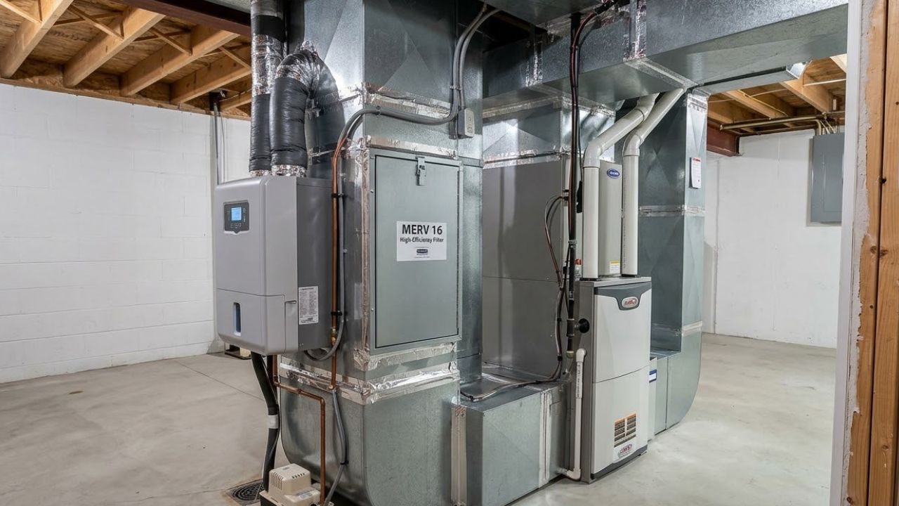 Whole-home dehumidifier and MERV 16 filtration cabinet installed alongside furnace ductwork