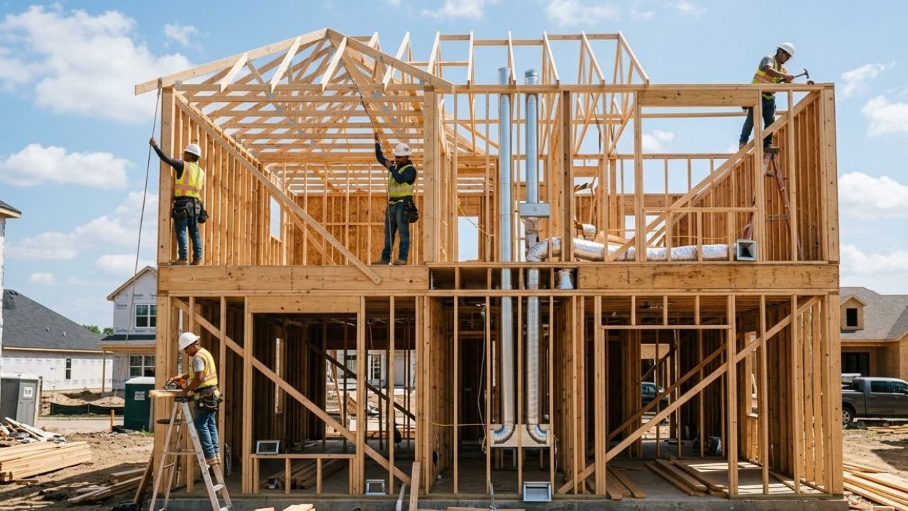 Two-story home under active framing construction with HVAC supply ductwork already run through the wall cavities