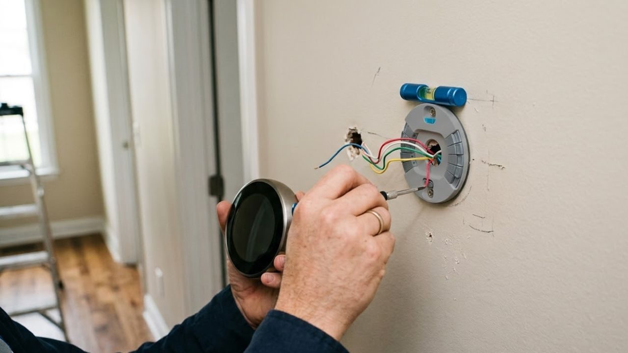 Technician connecting low-voltage wires to a smart thermostat's wall plate mid-installation